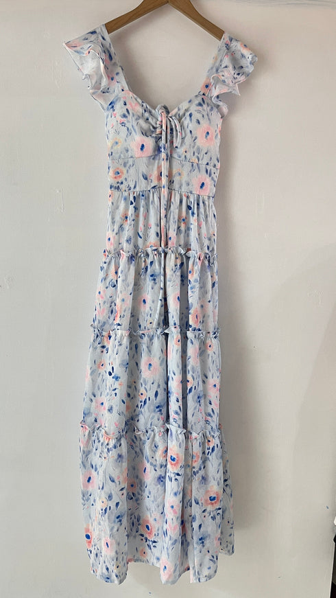 Vintage V Neck Ruffled Sleeve Midi Dress